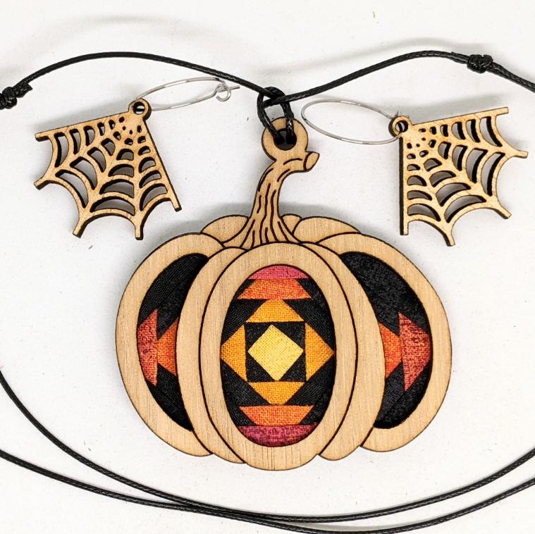 Patchwork halloween pumpkin necklace with spiderweb earrings