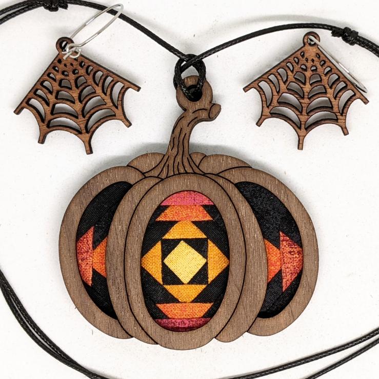 Patchwork halloween pumpkin necklace with spiderweb earrings