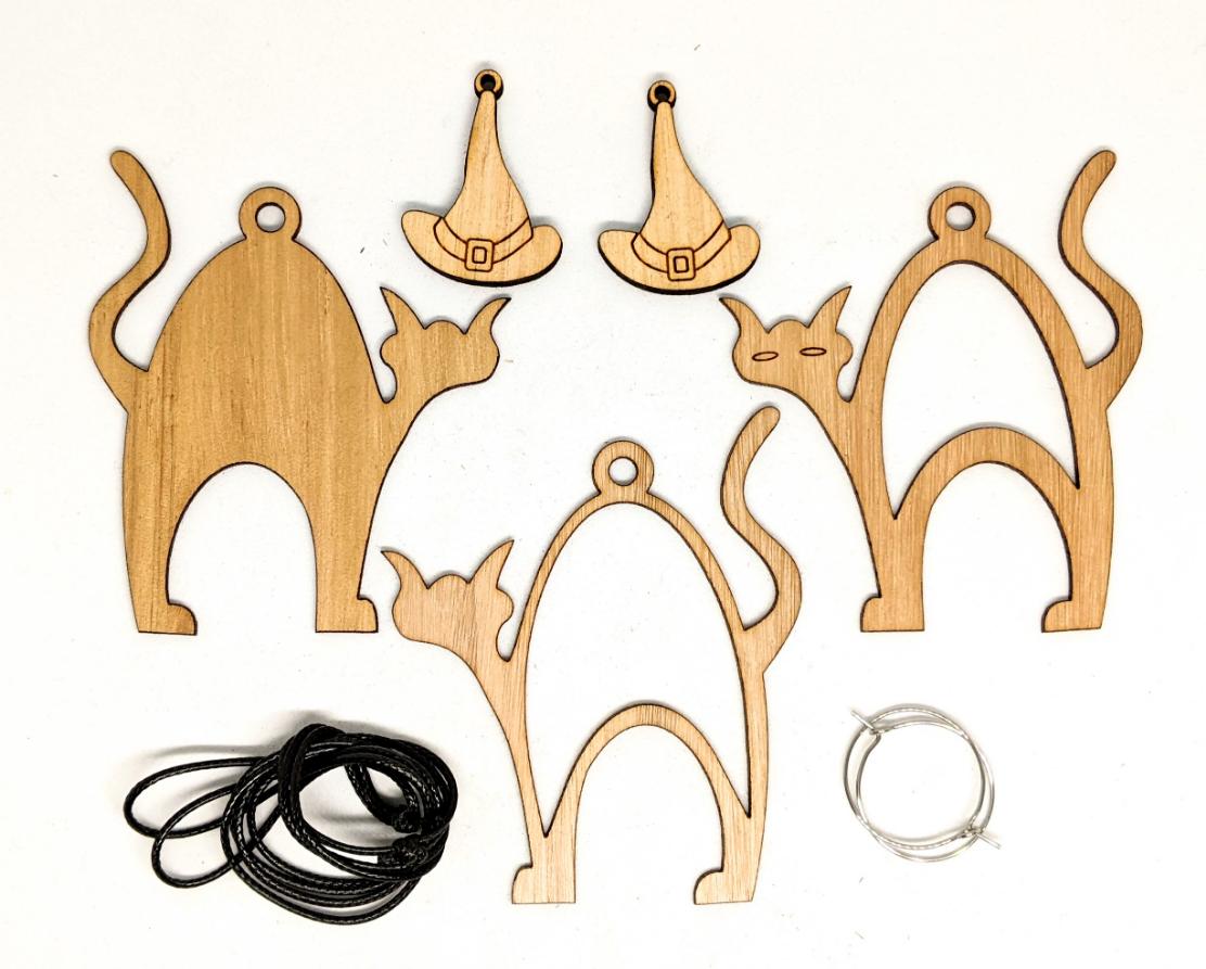 Kit Contents for patchwork halloween cat necklace with witch hat earrings