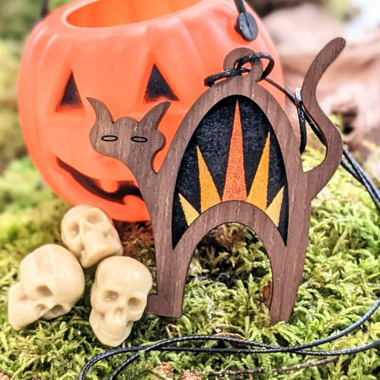 Patchwork halloween cat necklace