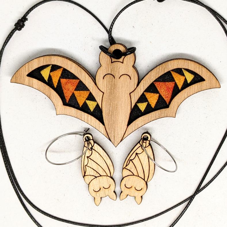 Patchwork halloween bat necklace with mini bat earrings