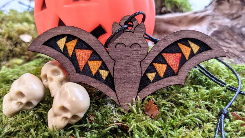 Patchwork halloween bat necklace