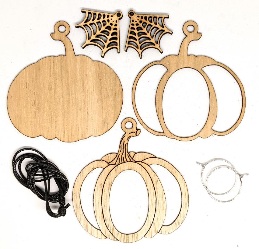 Kit contents for patchwork halloween pumpkin necklace with spiderweb earrings